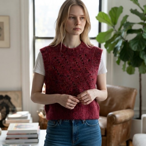 Zenana Sweaters - Zenana NEW Burgundy Textured Wool Eyelet Sweater Vest LARGE Pointelle Cropped